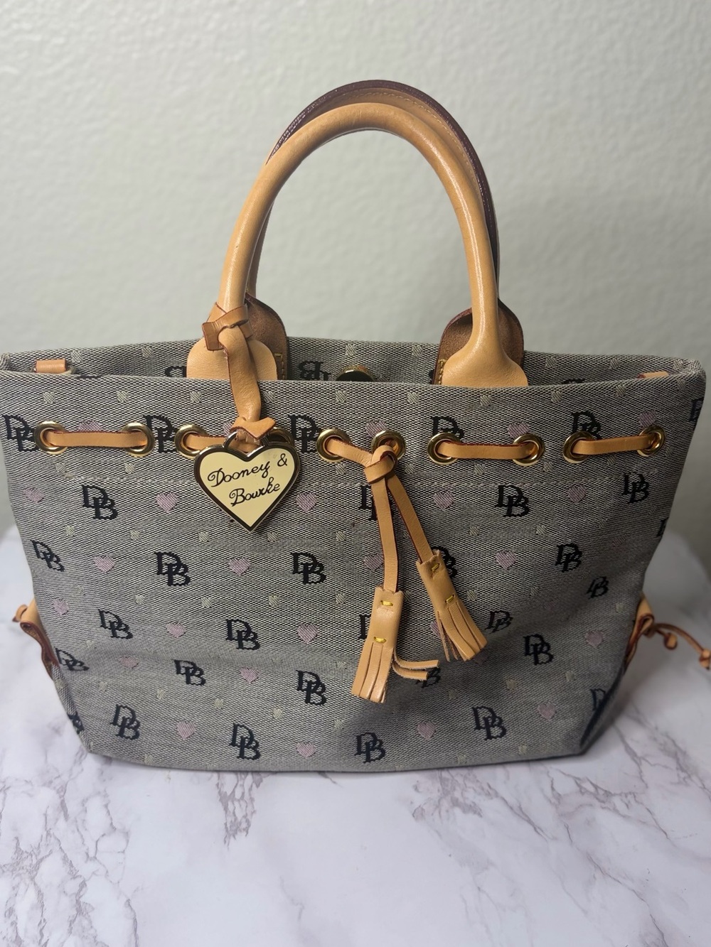 Dooney & Bourke Gray Canvas Tote with Tan Leather Handles and Pink Heart Accents